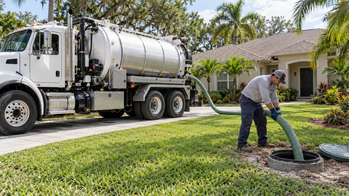 Illustration of a septic pumping truck and technician