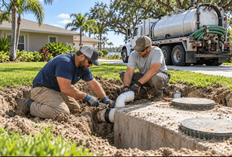 Trade image of two septic technicians repairing a tank connection