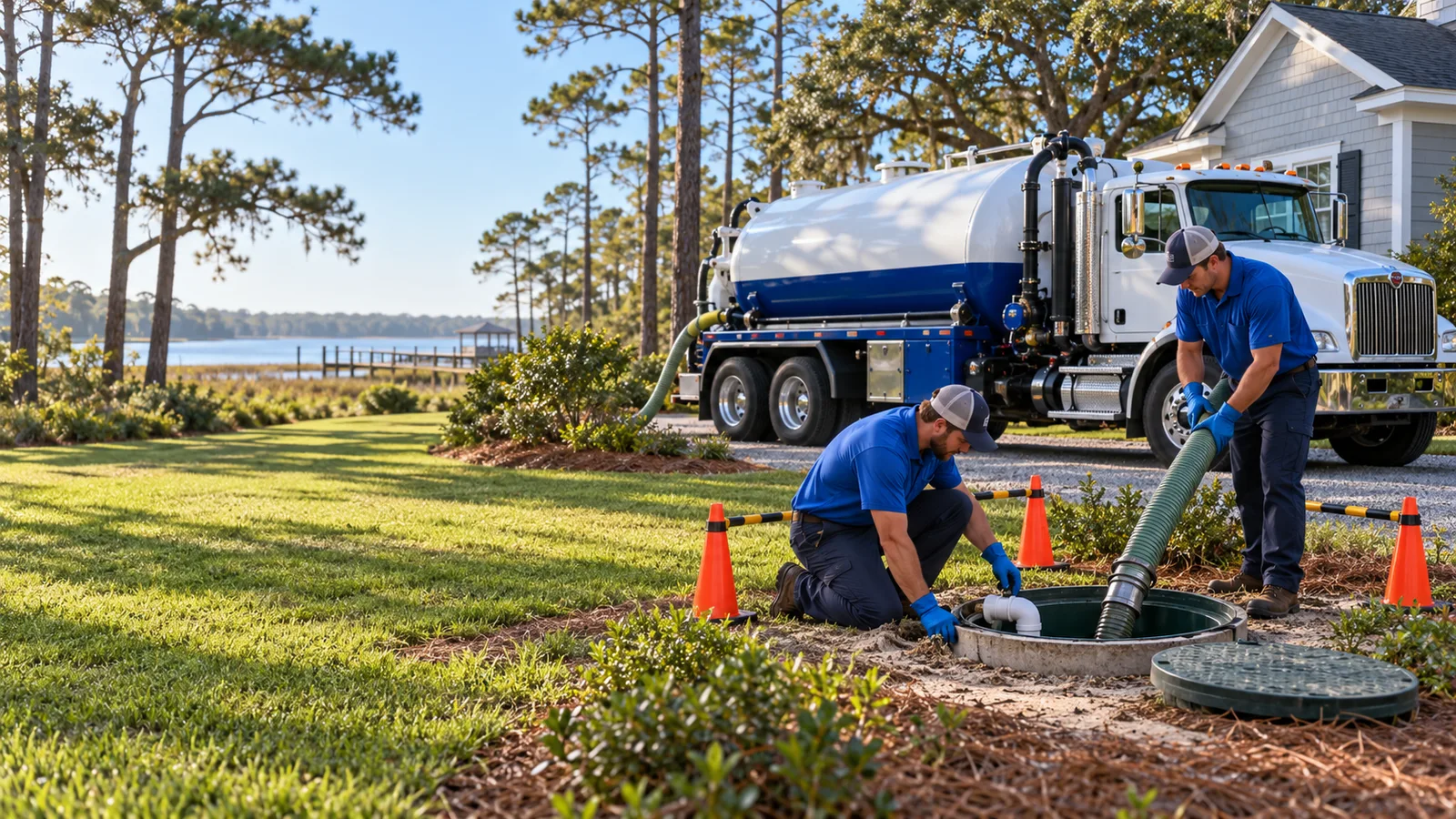 Illustration of a septic pumping truck at a residential property